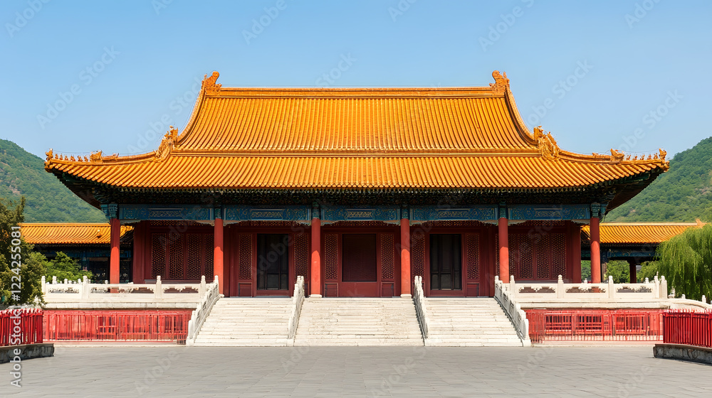 Fototapeta premium Traditional Chinese Temple with Grand Architecture in Beautiful Mountainous Landscape : Generative AI