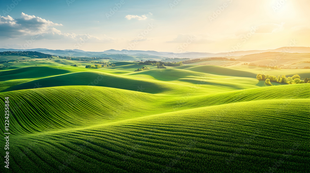 Obraz premium Lush Green Rolling Hills Under Bright Sky in Golden Hour Light