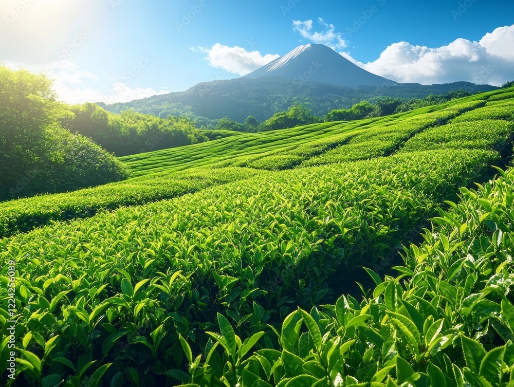 A lush green field with rows of plants and a mountain in the background