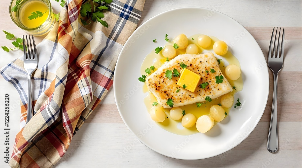 Fersk Torsk (Fresh Cod) in Butter Sauce with Herbs and Potatoes (Norwegian Cuisine) Fersk Torsk (Fresh Cod) in Butter Sauce with Herbs and Potatoes (Norwegian Cuisine)