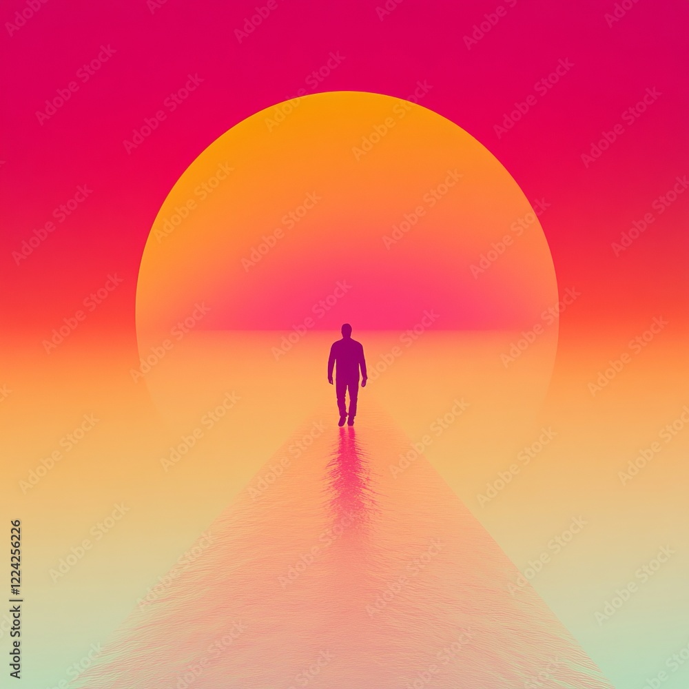 Fototapeta premium Surreal Silhouette of a Person Walking Toward a Vibrant Sunset on a Reflective Pathway