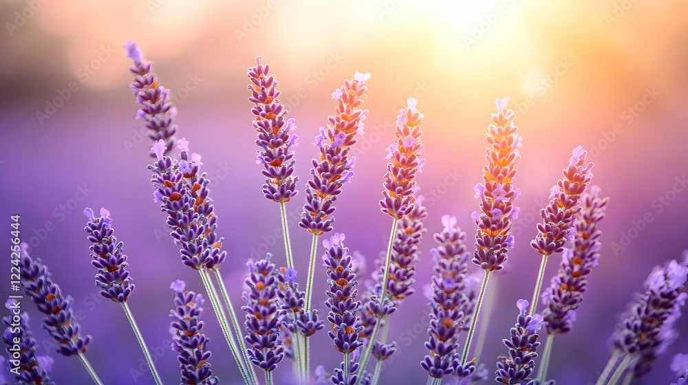Naklejka premium Beautiful Lavender Flowers Blooming in Golden Sunset Light