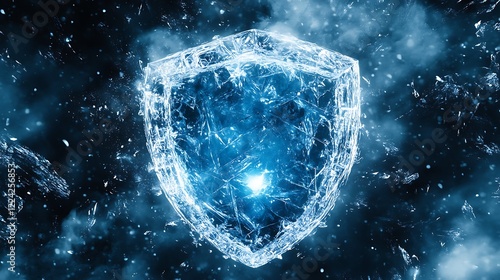 Frozen shield, digital security, dark background, icy fragments