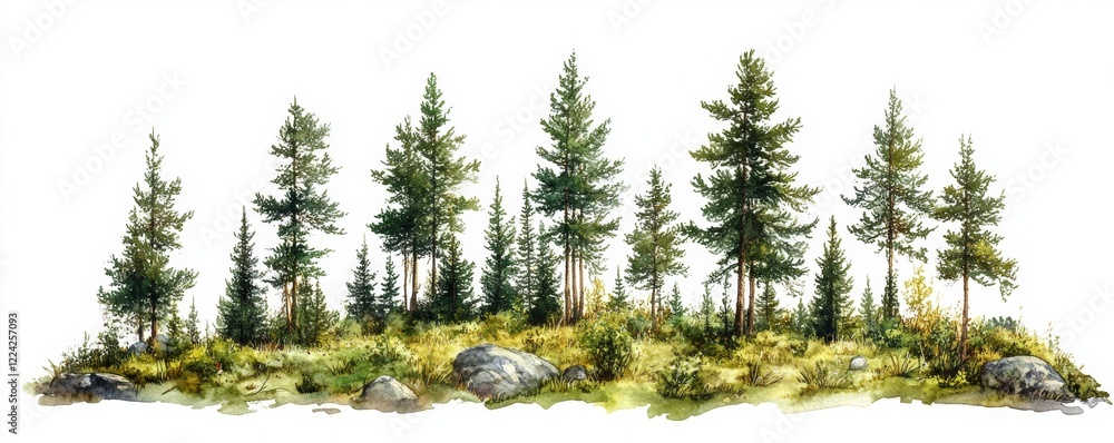 A row of trees with a rocky field in between A row of trees with a rocky field in between