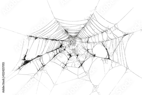 Delicate spider web intricately woven in morning light, showcasing nature's artistry and the beauty of resilience in an urban garden isolated on transparent background