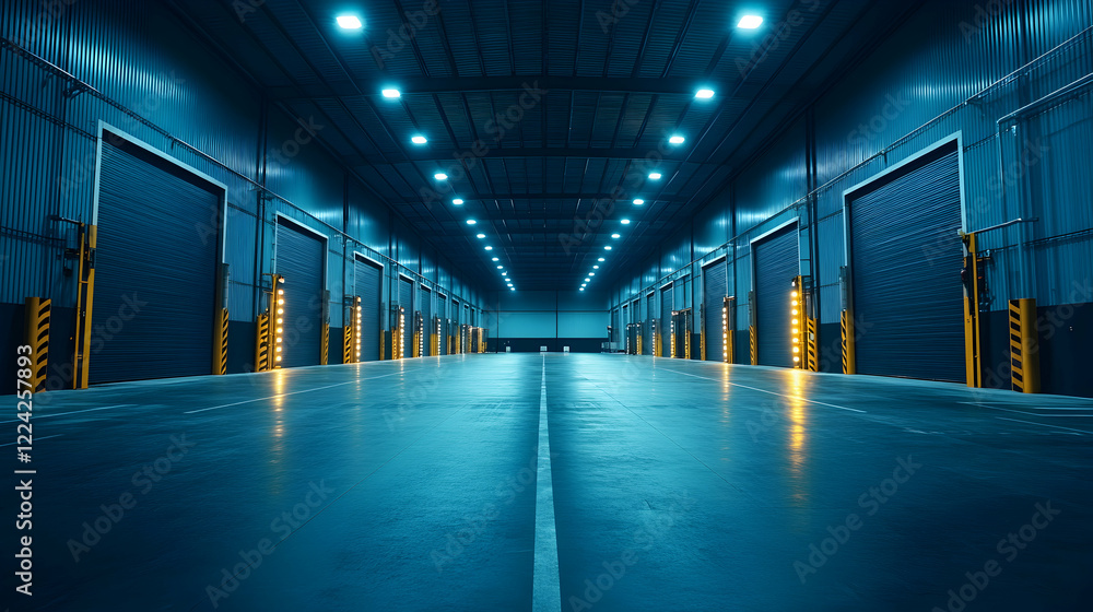 Fototapeta premium Spacious Empty Warehouse Interior with Bright Ceiling Lights