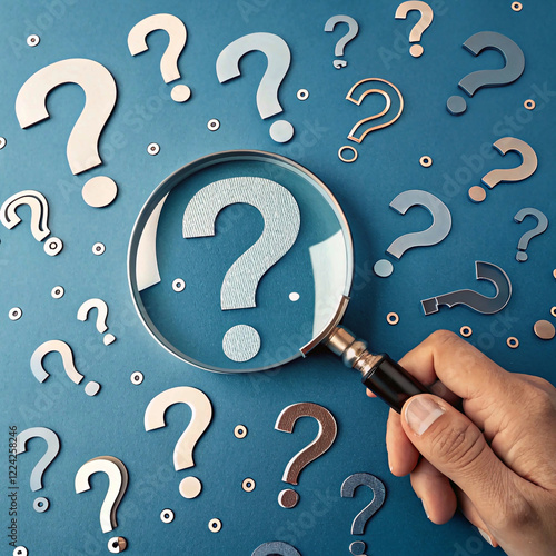 magnifying glass zooms in on a question mark, surrounded by numerous Question Mark and Root Cause Analysis Concept other question marks on a blue backdrop.