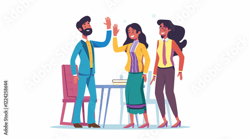 
heerful successful Indian business colleagues giving high five at office workplace, finishing professional discussion, consultation, brainstorming, enjoying cooperation, teamwork photo