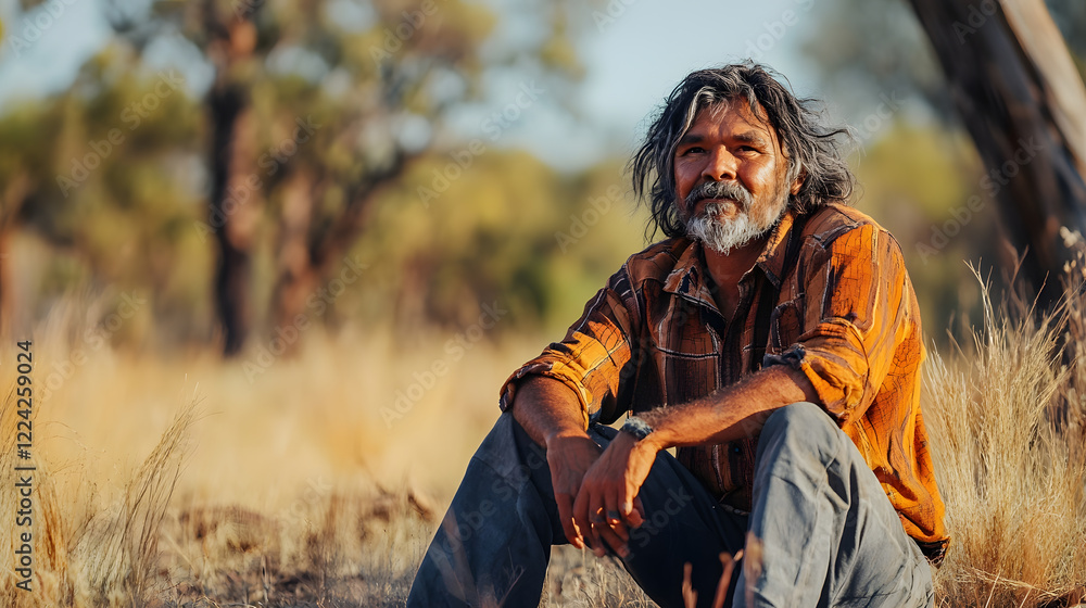 Fototapeta premium Thoughtful middle-aged man in a natural landscape during golden hour : Generative AI