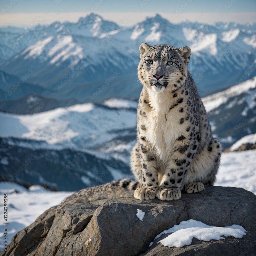 A snow leopard sitting majestically on a snow-covered rock, overlooking the mountains.