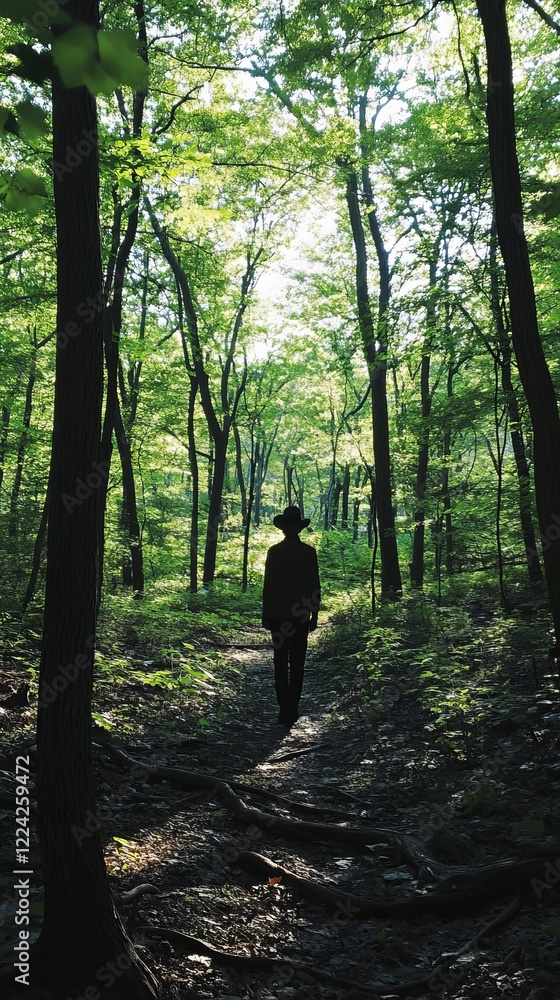 Silhouette of a Person Walking Through a Lush Green Forest Pathway in Daylight Silhouette of a Person Walking Through a Lush Green Forest Pathway in Daylight