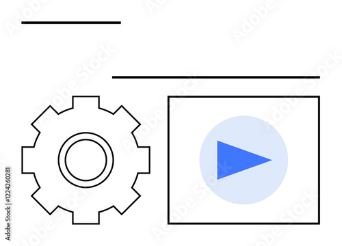 Gear icon and play button within a frame symbolize functionality, settings, and multimedia control. Ideal for technology, media, app interfaces, process automation, digital tools, tutorials abstract