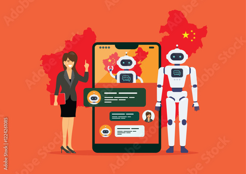 Business chinese woman is talking or chatting with chat bot