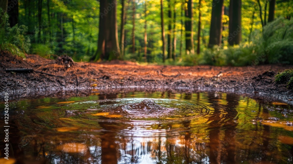 Rain splashing into a puddle with tree reflections and soft ripples visible