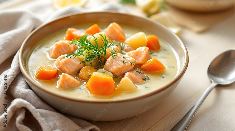 Laksegryte (Salmon Stew) with Vegetables in Creamy Broth (Norwegian Cuisine) Laksegryte (Salmon Stew) with Vegetables in Creamy Broth (Norwegian Cuisine)