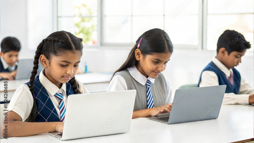 Indian students in a modern classroom setting using laptops, tablets, or interactive smartboards, showcasing how technology is integrated into the learning process. Indian students in a modern classroom setting using laptops, tablets, or interactive smartboards, showcasing how technology is integrated into the learning process.