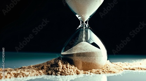 Close-up of glowing hourglass with golden sand flowing, symbolizing time passage and life expectancy, on minimalist white background with copy space. Concept of time management and life's fleeting