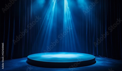 Empty round stage with blue spotlights and dark curtains.