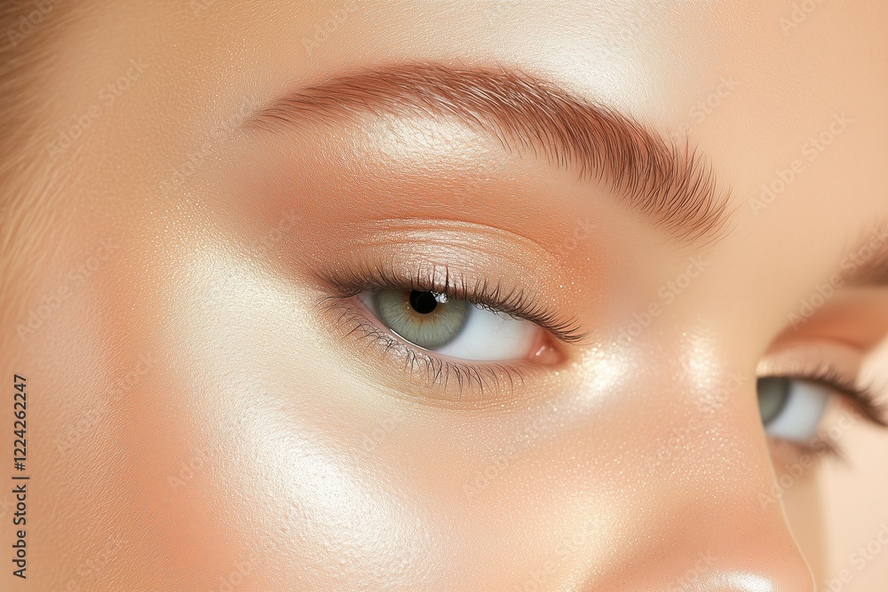 Fototapeta premium Close-Up of Woman’s Eye with Shimmering Makeup. Detailed Shot of Smooth Skin, Defined Eyebrows, and Luminous Highlighter. Elegant Beauty Concept with Soft Glow and Warm Tones. AI generated