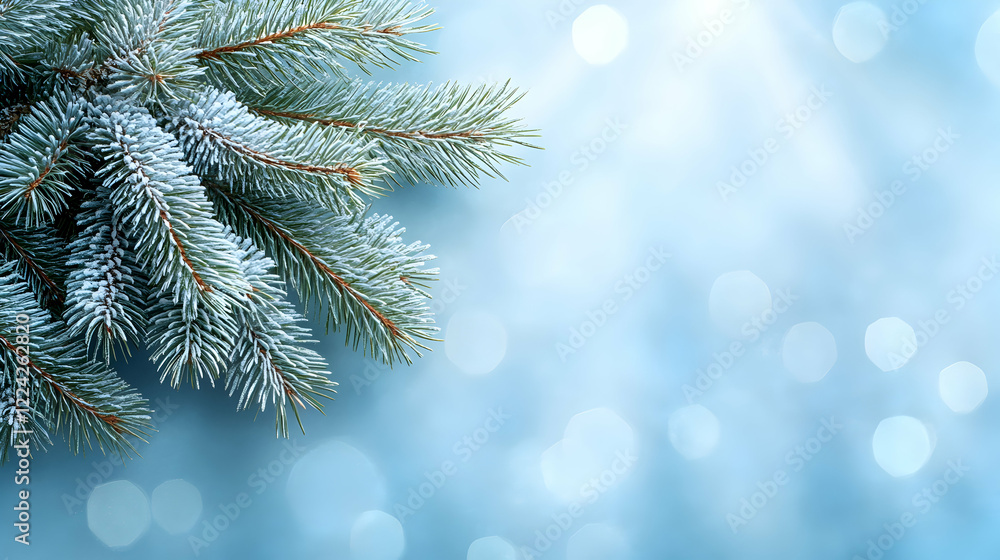 Snow-Covered Spruce Branch on Soft Blue Background with Sparkles Snow-Covered Spruce Branch on Soft Blue Background with Sparkles