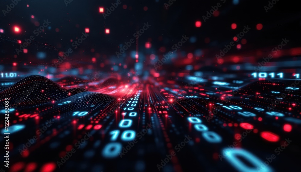 Futuristic digital landscape of binary code and red led lights Futuristic digital landscape of binary code and red led lights