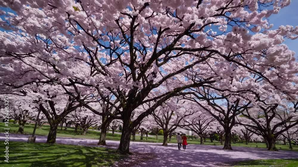 Beautiful cherry blossom trees in full bloom, a pink canopy over a park pathway, petals cover the ground. Spring renewal Beautiful cherry blossom trees in full bloom, a pink canopy over a park pathway, petals cover the ground. Spring renewal