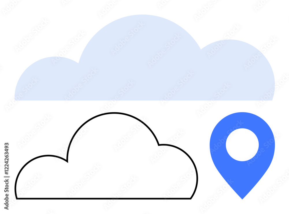 Fototapeta premium Two cloud shapes, one outlined and one filled, accompanied by a blue location marker. Ideal for data storage, cloud computing, geolocation, navigation, weather technology and internet themes. Line
