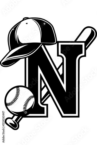 Baseball Icon with Letter N Design, Black and white sports-themed graphic featuring a baseball bat, ball, cap, and bold letter "N" in a minimalist design on a light gray background.  
  
