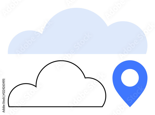 Two cloud shapes, one outlined and one filled, accompanied by a blue location marker. Ideal for data storage, cloud computing, geolocation, navigation, weather technology and internet themes. Line