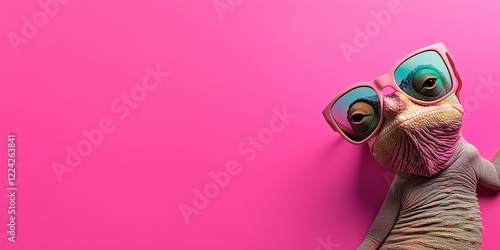 Toy dinosaur wearing sunglasses on pink background. Entertainment and humor content