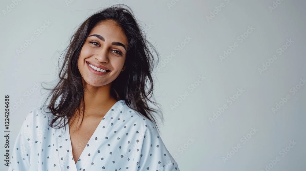 a confident young female indian smiling patient in a hospital robe with her head held high on a white background a confident young female indian smiling patient in a hospital robe with her head held high on a white background