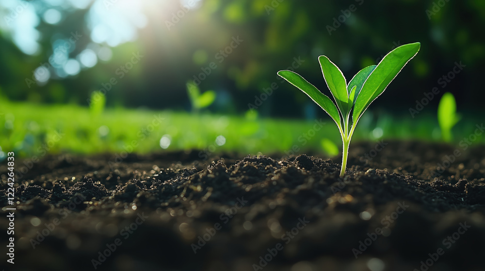 Fototapeta premium Young sapling growing in soil under sunlight in field. Gardening and sustainability themes