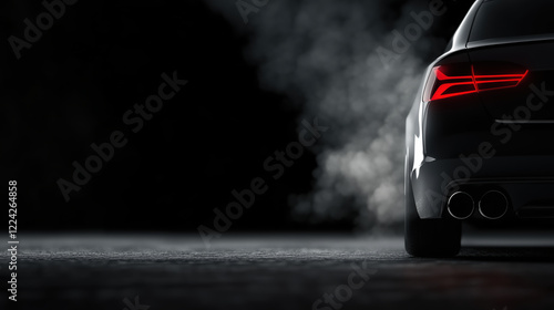 Car exhaust with smoke under night light on wet road. Environment and automotive themes