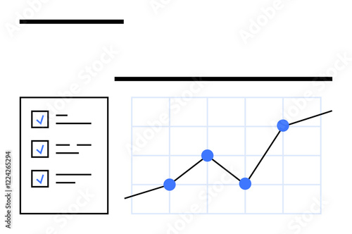 Checklist with completed tasks and graph showing steady growth. Ideal for productivity, analytics, goal setting, management, planning, growth, success. Abstract line flat metaphor