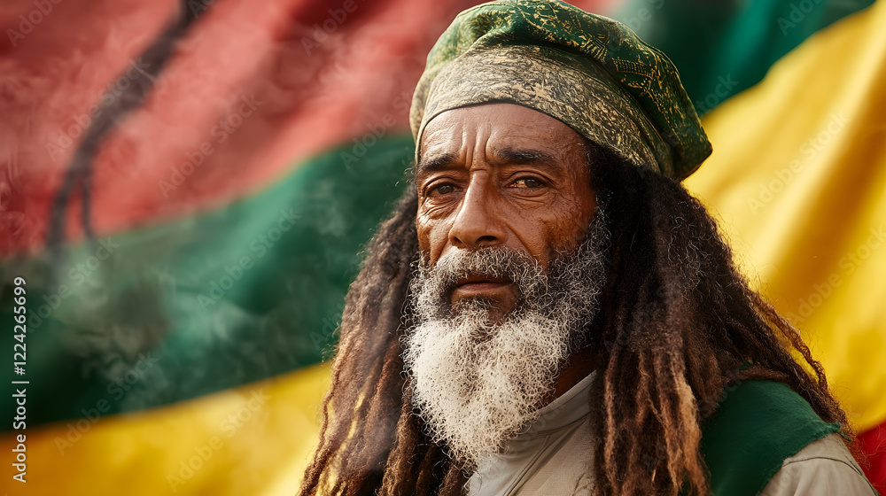Elderly Man with Dreadlocks Posing Thoughtfully against Ethnic Flag Background : Generative AI Elderly Man with Dreadlocks Posing Thoughtfully against Ethnic Flag Background : Generative AI