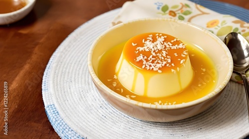 Creamy Pudim de Coco (Coconut Flan) garnished with shredded coconut and caramel syrup (Bahian Cuisine) photo