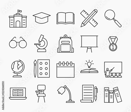 Set of Education icons in simple thin line. Collection of icons related to school, including globe, Bachelor's hat, blackboard, chair, lamp, book, ruler, etc. Editable stroke. Vector ilustration