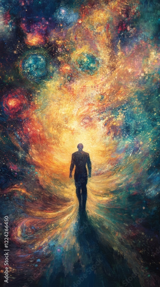 Silhouette of a Person Walking into a Cosmic Vortex of Vibrant Colors Silhouette of a Person Walking into a Cosmic Vortex of Vibrant Colors