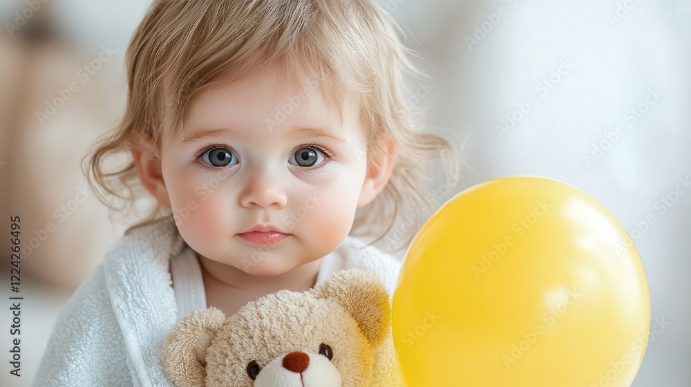 Toddler girl holding teddy bear and balloon indoors Toddler girl holding teddy bear and balloon indoors