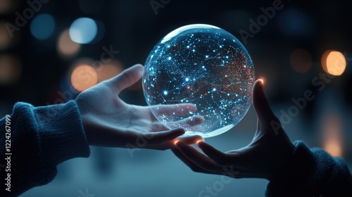 Illuminated Crystal Sphere Showing Starry Universe in Hands