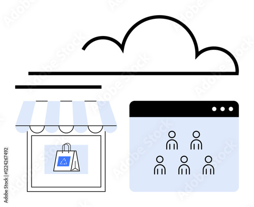 Cloud above storefront with shopping bag and browser window showing user icons. Ideal for e-commerce, networking, cloud computing, online collaboration, digital marketing, customer management