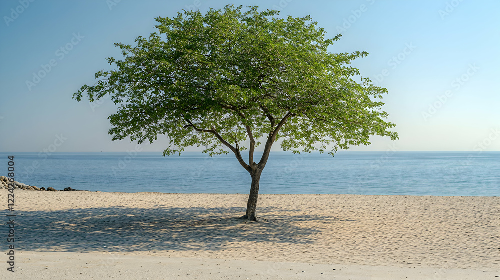 Tranquil Beach Scene with Solitary Tree and Calm Ocean View Tranquil Beach Scene with Solitary Tree and Calm Ocean View