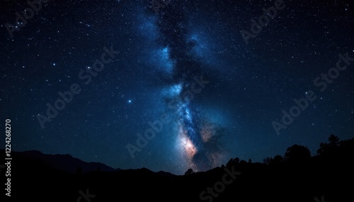 Stunning night sky with glowing milky way and dark silhouetted horizon