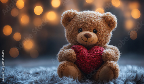 Wallpaper Mural Romantic and Cute Teddy Bear Sitting on a Fluffy Surface, Holding a Red Heart with Gentle Bokeh Lights in the Background Torontodigital.ca
