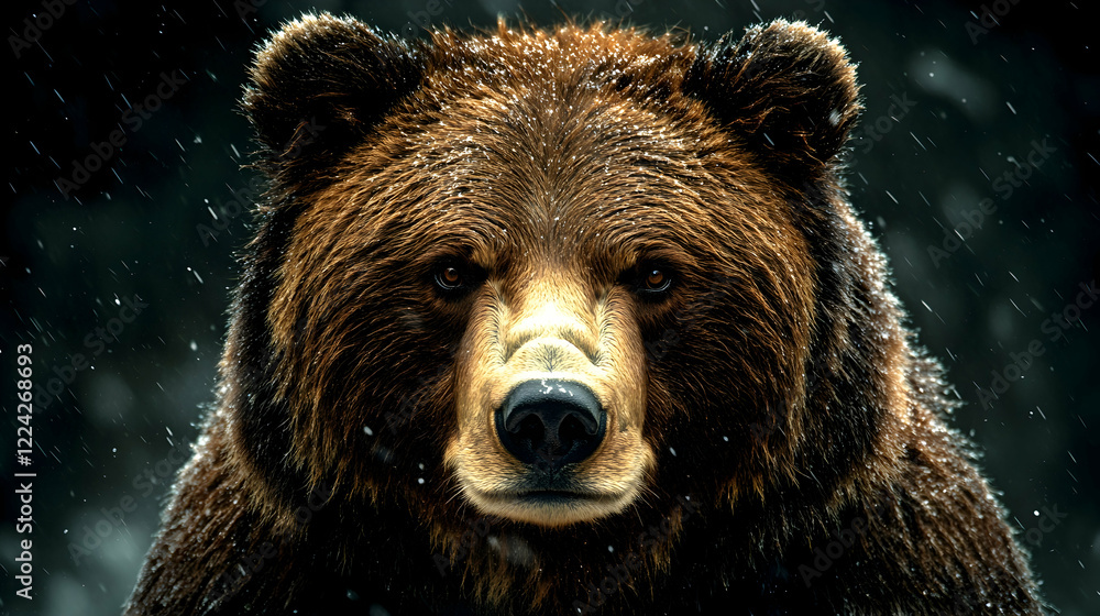 Majestic Brown Bear Stares Intently in a Snowy Wilderness Landscape Majestic Brown Bear Stares Intently in a Snowy Wilderness Landscape
