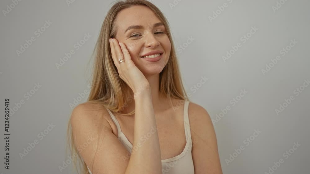 Woman smiling with hand on face over isolated background showcasing natural beauty and warm expression. Woman smiling with hand on face over isolated background showcasing natural beauty and warm expression.