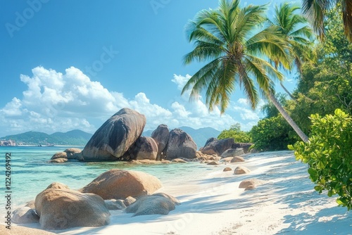 Secluded Tropical Beach with Granitic Rocks and Palm Trees in Seychelles photo