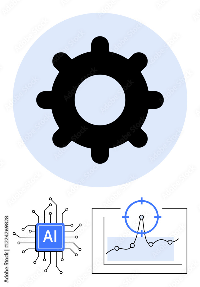 Gear symbolizing automation, AI chip representing intelligence, and chart with target for data analysis. Ideal for technology, AI, machine learning, efficiency, innovation, precision abstract line Gear symbolizing automation, AI chip representing intelligence, and chart with target for data analysis. Ideal for technology, AI, machine learning, efficiency, innovation, precision abstract line