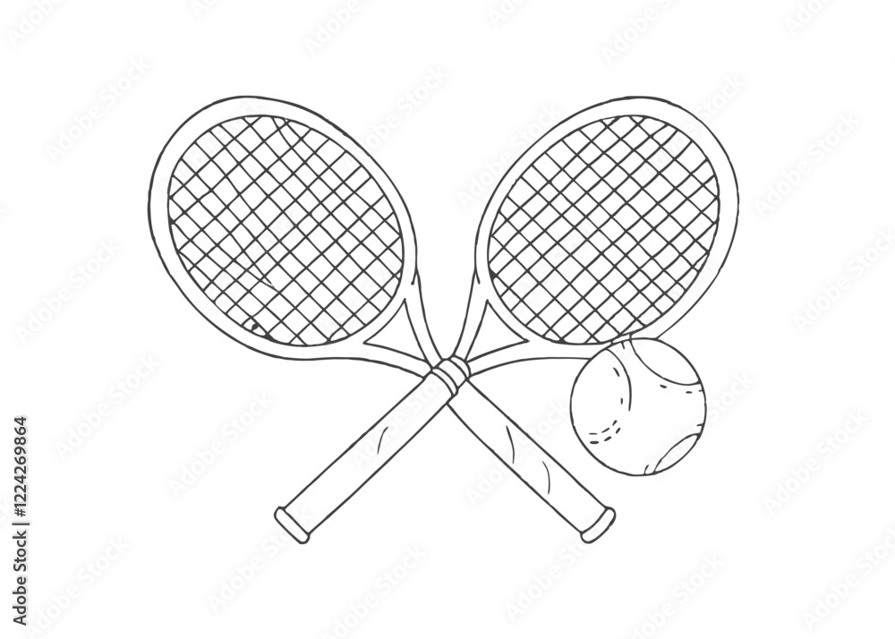Tennis rackets crossed, tennis logo, crossed tennis racquets, editable vector stroke saddle icon on white background Tennis rackets crossed, tennis logo, crossed tennis racquets, editable vector stroke saddle icon on white background