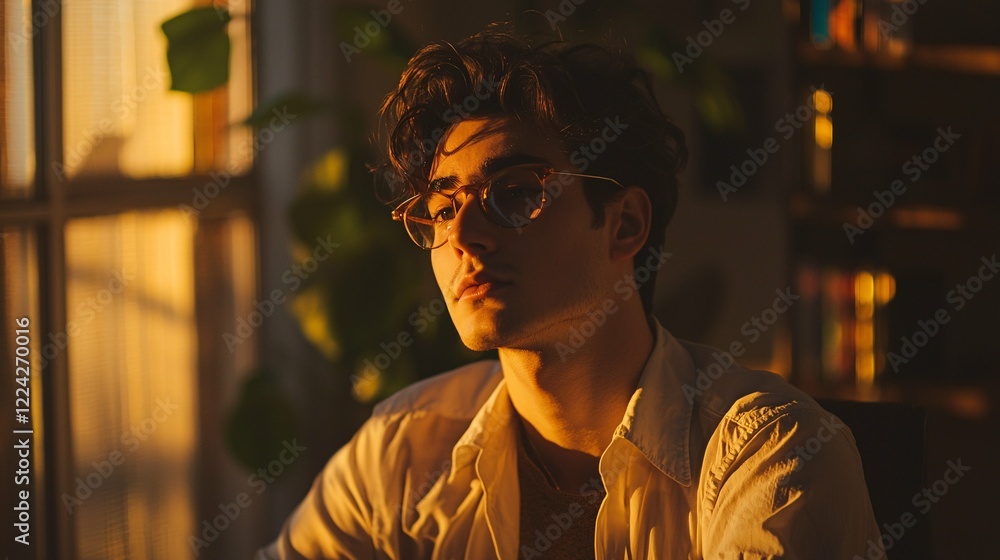 Fototapeta premium A polished studio captures a confident individual exuding authenticity and style, illuminated by warm lighting that enhances their thoughtful expression.